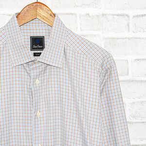 David Donahue Trim Fit Dress Shirt Blue brown check 17 1/2